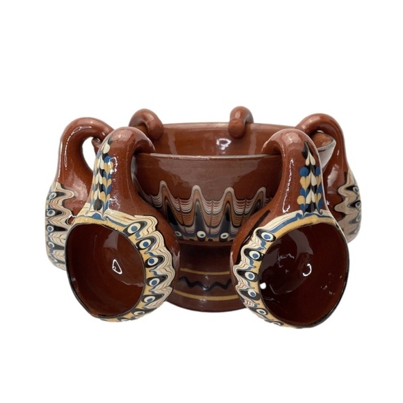 TROYAN Bulgaria Feather Pottery Pedestal Bowl &  6 Cups - Picture 1 of 13